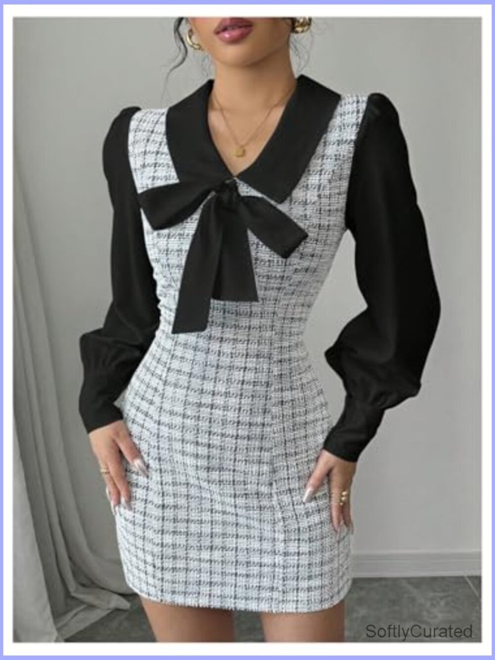 Elegant Plaid Tweed Dress Bow Front Lantern Long Sleeve 2 in 1 Mini - Picture 3 of 6